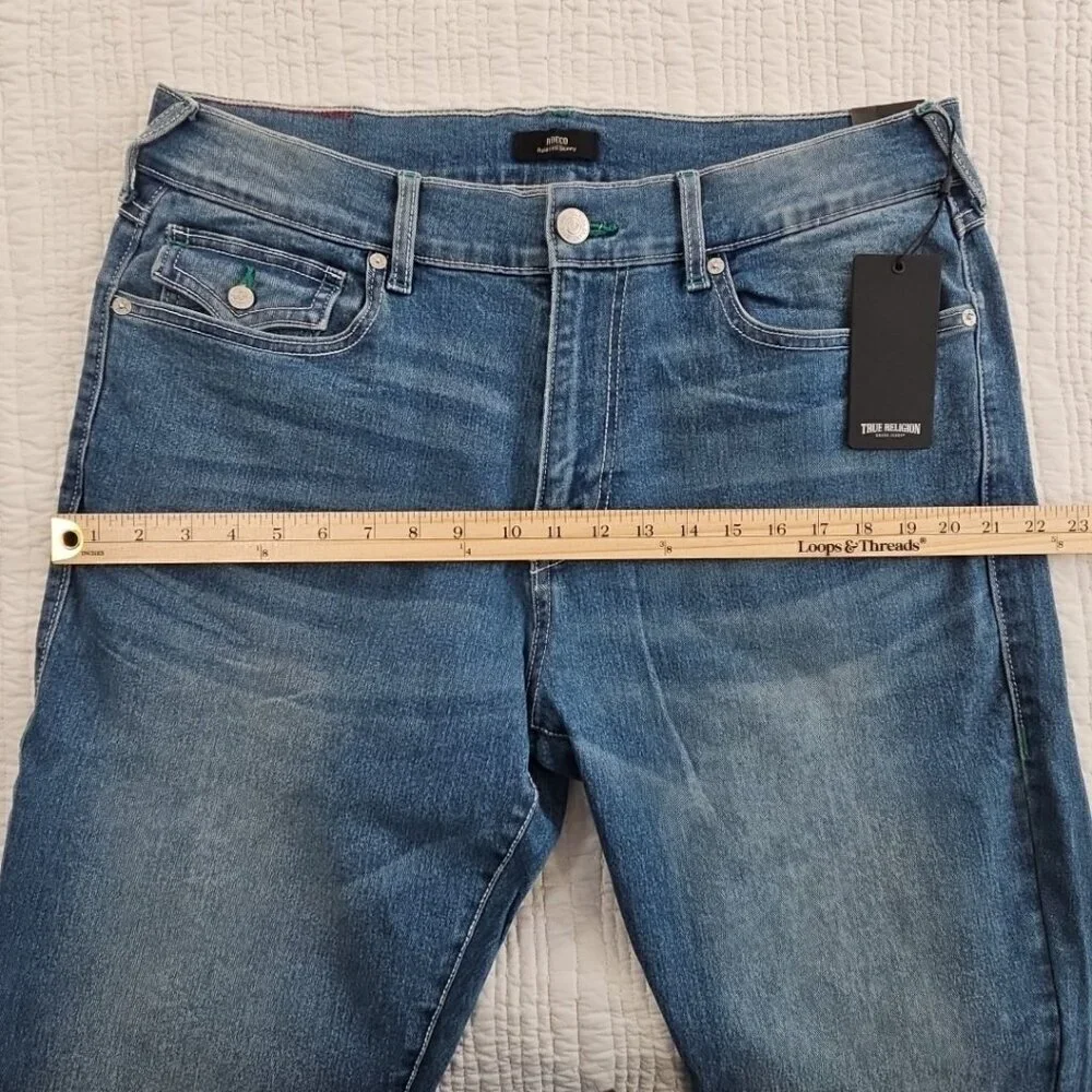 NWT True Religion Rocco Jeans Men's 36x32 Light Relaxed Flap Pocket Green Stitch